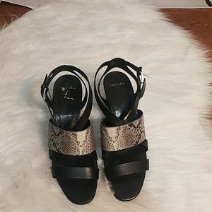 Cole Haan Black Leather Snakeskin Print Wedge Heel Ankle‎ Strap Sandals